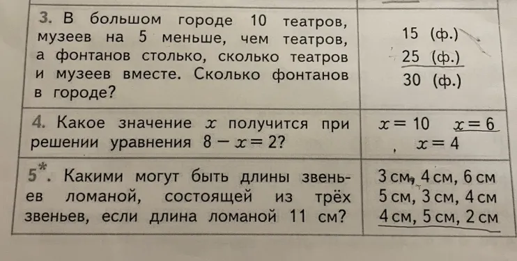3. В большом городе 10 театров, музеев на 5 меньше, чем театров, а фонтанов столько, сколько театров и музеев вместе. Сколько фонтанов в городе?