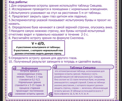 Опишите ход работы по определению остроты зрения