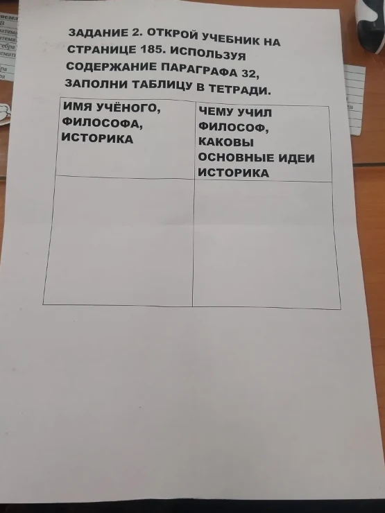 Заполните таблицу в тетради, используя содержание параграфа 32 на странице 185 учебника по истории Древней Греции, в которой нужно указать имя учёного, философа, историка и чему он учил или каковы его основные идеи.