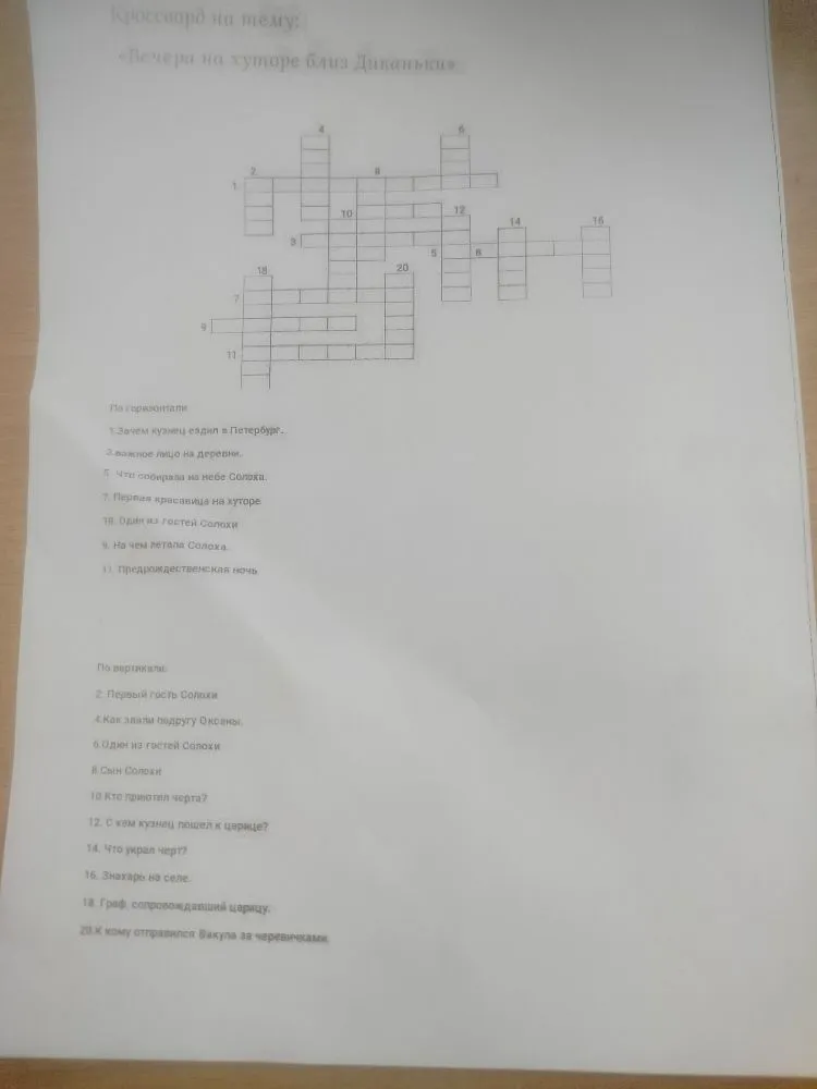 Разгадать кроссворд на тему «Вечера на хуторе близ Диканьки», ответив на вопросы по горизонтали: 1. Зачем кузнец ездил в Петербург?