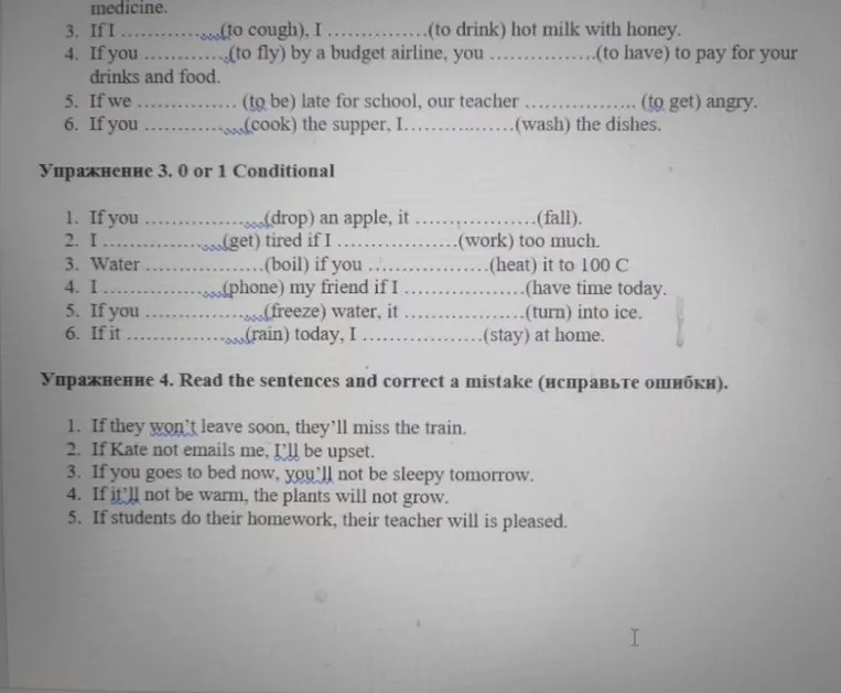 Заполните пропуски в предложениях, используя 0 или 1 Conditional