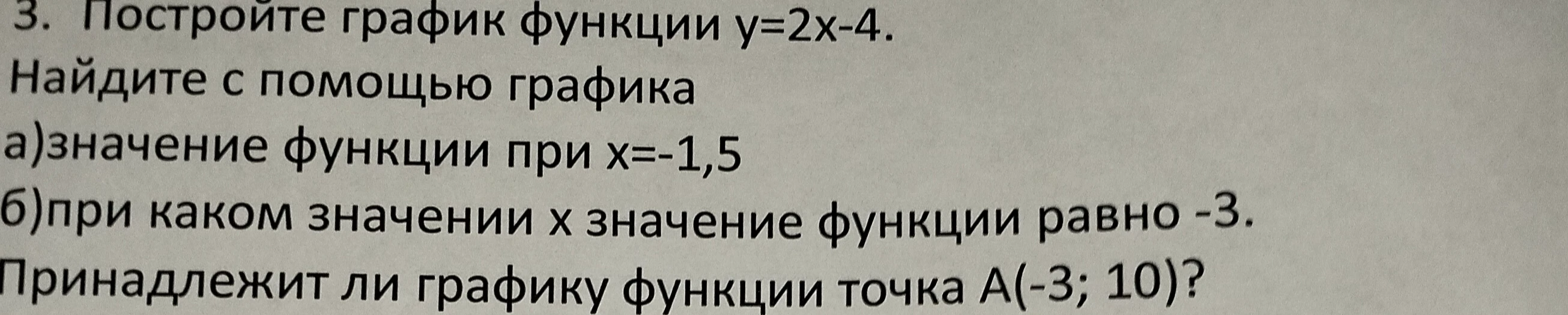 Постройте график функции y=2x-4. Найдите с помощью графика значение функции при x=-1,5