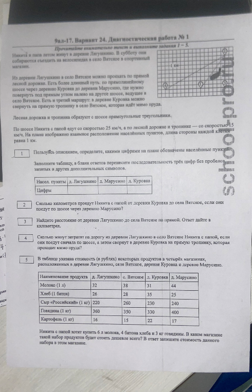 Прочитайте внимательно текст и выполните задания 1-5. Никита и папа летом живут в деревне Лягушкино. В субботу они собираются съездить на велосипедах в село Вятское в спортивный магазин.