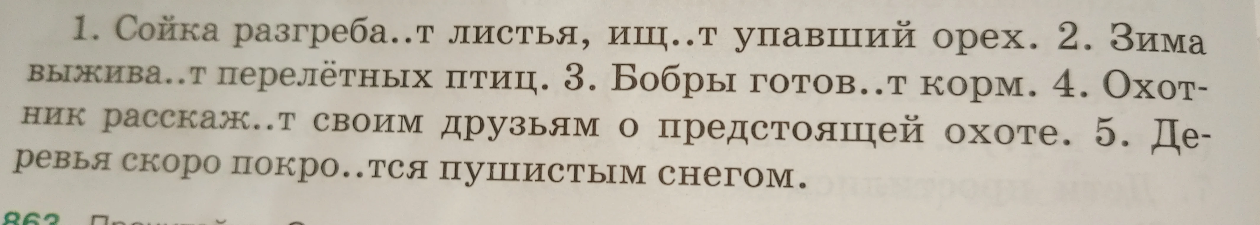 Сделать синтаксический разбор предложений 1. Сойка разгреба..т листья, ищ..т упавший орех. 2. Зима выжива..т перелётных птиц. 3. Бобры готов..т корм. 4. Охотник расскаж..т своим друзьям о предстоящей охоте. 5. Деревья скоро покро..тся пушистым снегом.