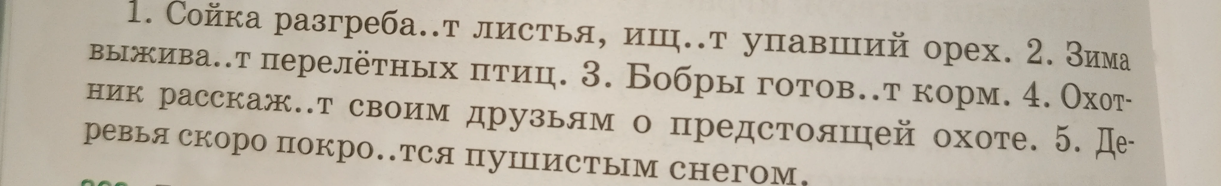 Сделать синтаксический разбор и характеристику предложения: "Сойка разгребает листья, ищет упавший орех."