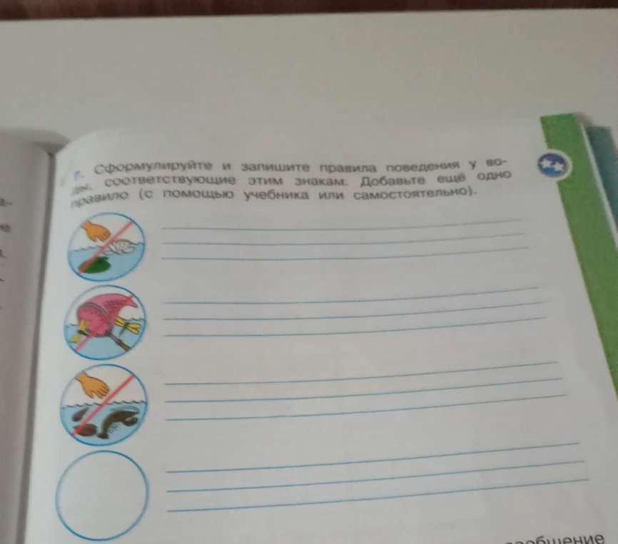 Сформулируйте и запишите правила поведения у воды, соответствующие этим знакам. Добавьте ещё одно правило (с помощью учебника или самостоятельно).