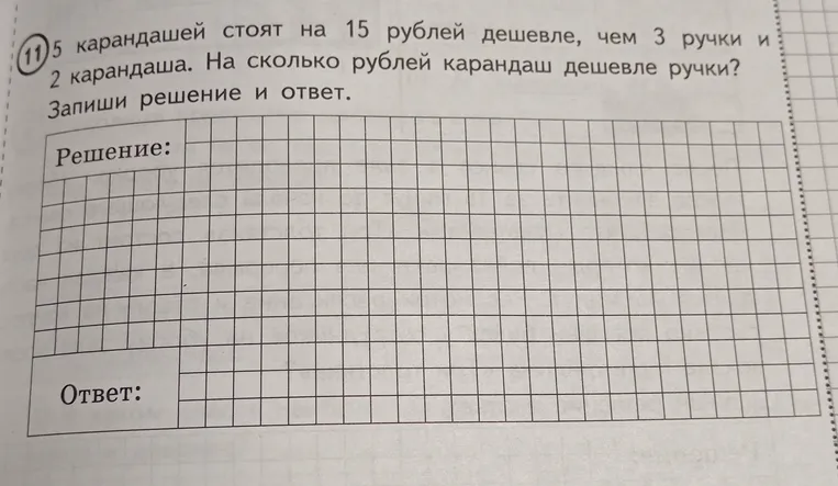 5 карандашей стоят на 15 рублей дешевле, чем 3 ручки и 2 карандаша. На сколько рублей карандаш дешевле ручки? Запиши решение и ответ.