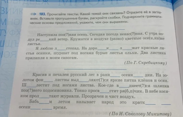 Прочитайте тексты. Какой темой они связаны? Отразите её в заглавиях. Вставьте пропущенные буквы, раскройте скобки. Подчеркните грамматические основы предложений, укажите, чем они выражены.