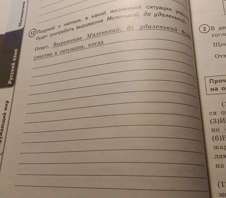 Подумай и напиши, в какой жизненной ситуации уместно будет употребить выражение «Маленький, да удаленький».