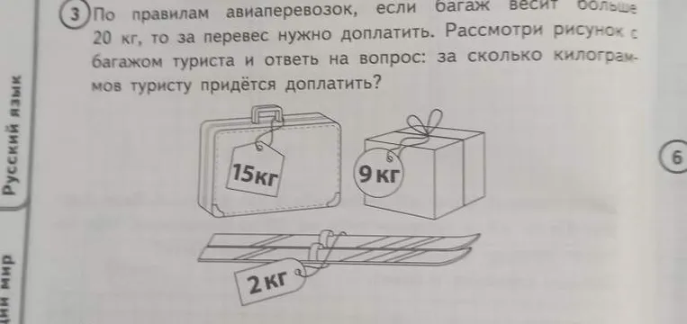 По правилам авиаперевозок, если багаж весит больше 20 кг, то за перевес нужно доплатить. Рассмотри рисунок с багажом туриста и ответь на вопрос: за сколько килограммов туристу придётся доплатить?