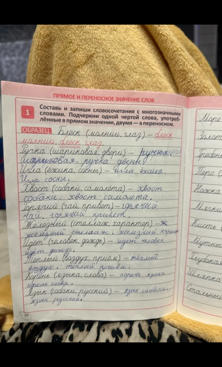 Составить и записать словосочетания с многозначными словами, подчеркнуть одной чертой слова, употреблённые в прямом значении, двумя — в переносном