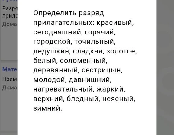 Определить разряд прилагательных: красивый, сегодняшний, горячий, городской, точильный, дедушкин, сладкая, золотое, белый, соломенный, деревянный, сестрицын, молодой, давнишний, нагревательный, жаркий, верхний, бледный, неясный, зимний.