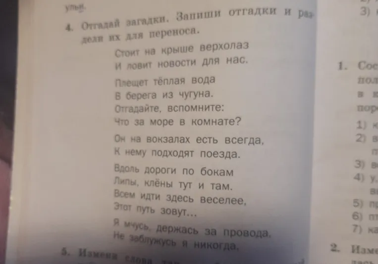 Отгадай загадки. Запиши отгадки и раздели их для переноса.