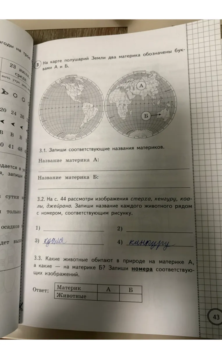 На карте полушарий Земли два материка обозначены буквами А и Б. Запиши соответствующие названия материков.