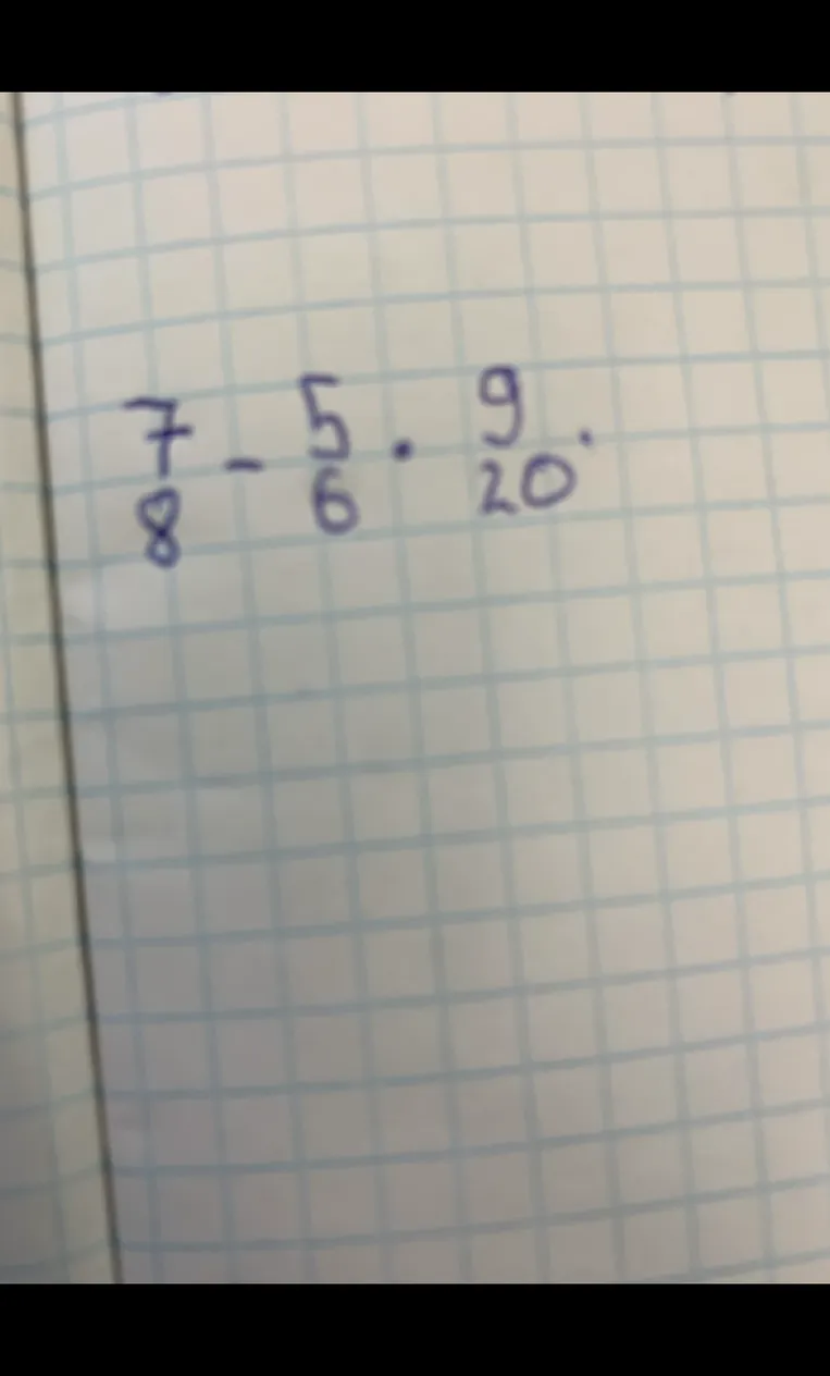 Вычислите значение выражения $\frac{7}{8} - \frac{5}{6} \cdot \frac{9}{20}$