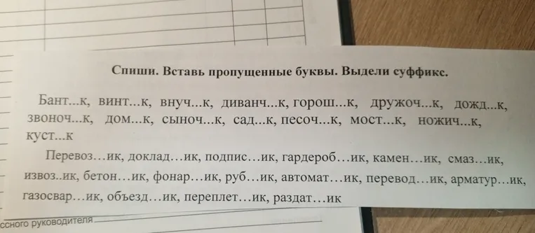 Спиши. Вставь пропущенные буквы. Выдели суффикс.