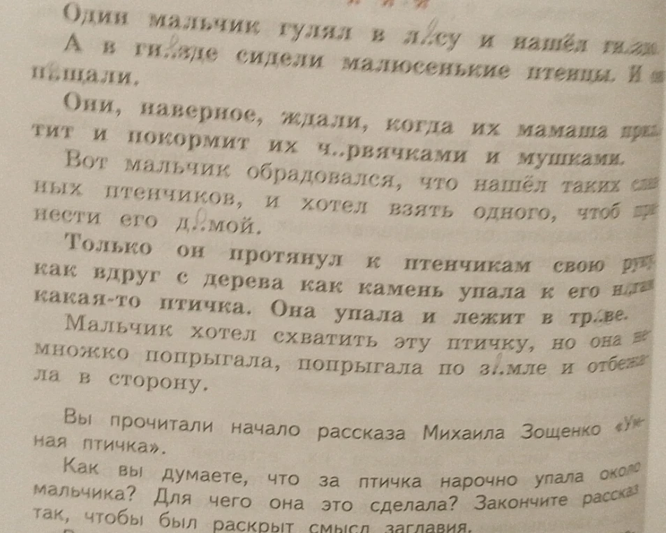 Как вы думаете, что за птичка нарочно упала около мальчика? Для чего она это сделала? Закончите рассказ так, чтобы был раскрыт смысл заглавия.