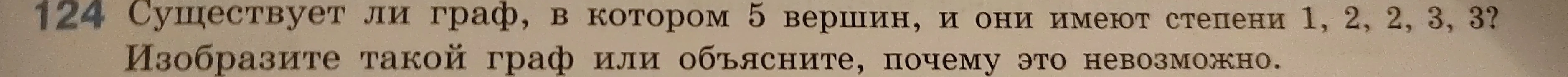 Существует ли граф, в котором 5 вершин, и они имеют степени 1, 2, 2, 3, 3? Изобразите такой граф или объясните, почему это невозможно.