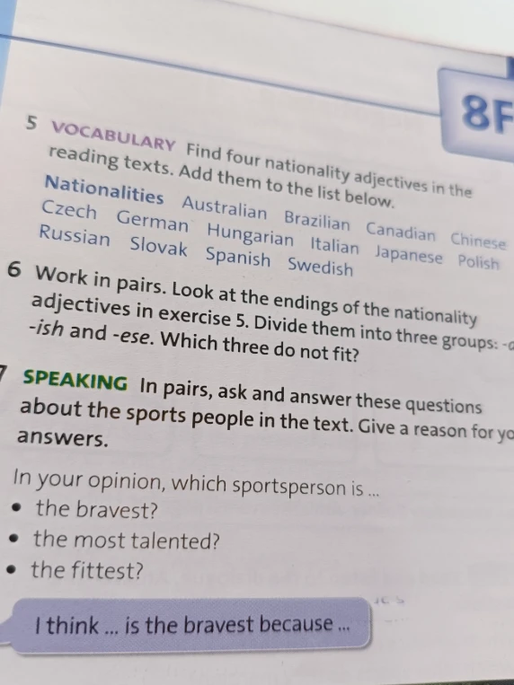 Find four nationality adjectives in the reading texts. Add them to the ...