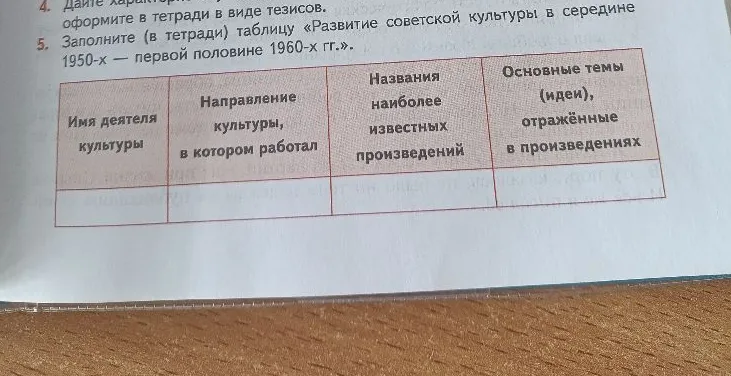 Заполните (в тетради) таблицу «Развитие советской культуры в середине 1950-х — первой половине 1960-х гг.».