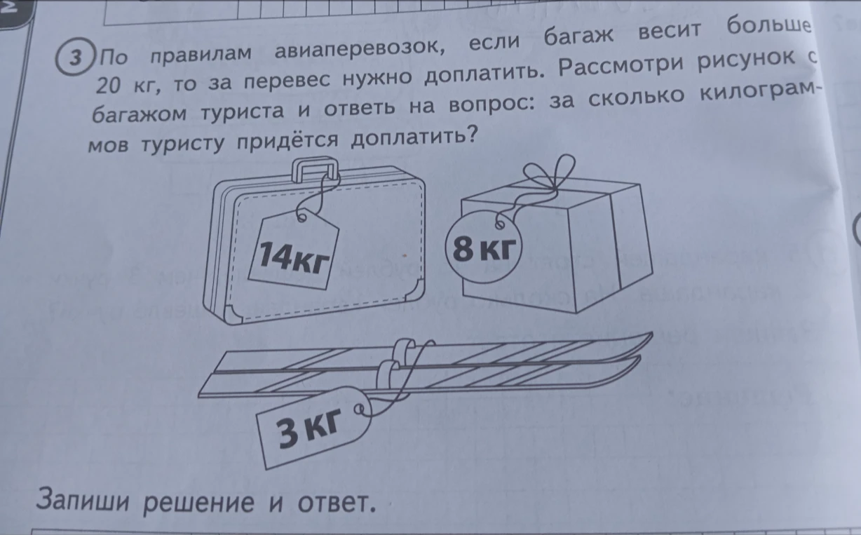 По правилам авиаперевозок, если багаж весит больше 20 кг, то за перевес нужно доплатить. Рассмотри рисунок с багажом туриста и ответь на вопрос: за сколько килограммов туристу придётся доплатить?