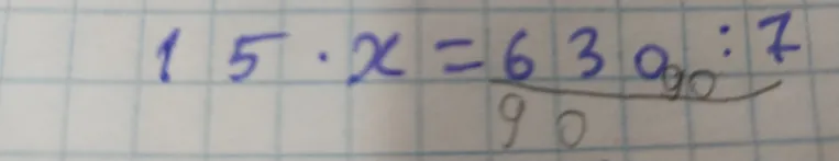 Решите уравнение 15 * x = 630 : 7