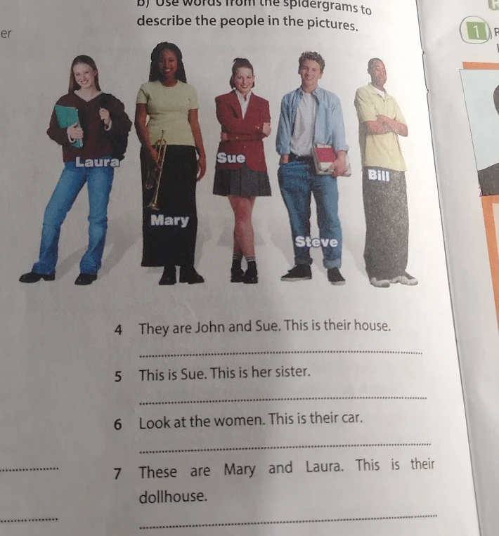 Use words from the spidergrams to describe the people in the pictures. (Tasks 4-7 regarding possessive forms).