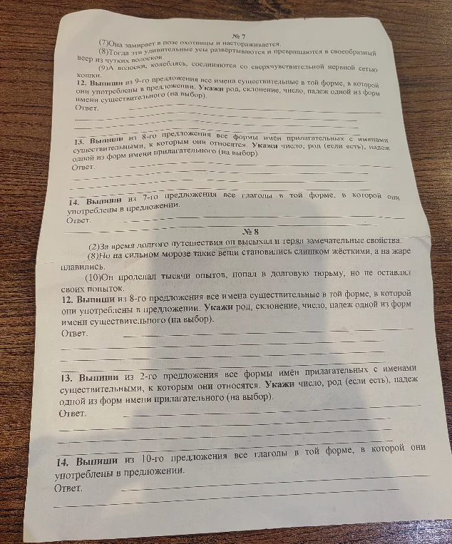 Выпиши из 9-го предложения все имена существительные в той форме, в которой они употреблены в предложении. Укажи род, склонение, число, падеж одной из форм имени существительного (на выбор).