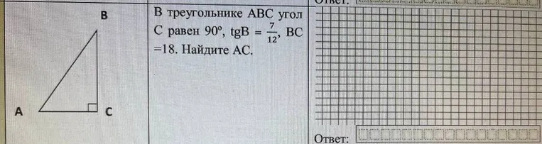 В треугольнике ABC угол C равен 90 градусов, tgB = 7/12, BC = 18. Найдите AC.