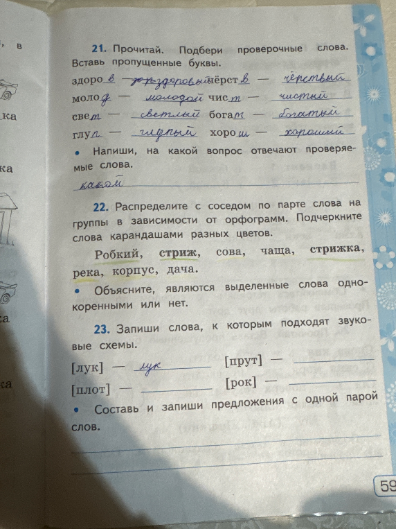 22. Распределите с соседом по парте слова на группы в зависимости от орфограмм. Подчеркните слова карандашами разных цветов. Робкий, стриж, сова, чаща, стрижка, река, корпус, дача.