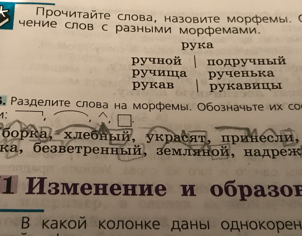 Разделите слова на морфемы: сборка, хлебный, украсят, принесли, безветренный, земляной, надреж