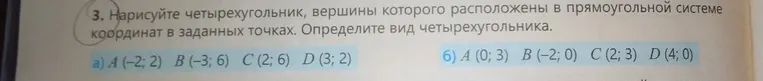 3. Нарисуйте четырехугольник, вершины которого расположены в прямоугольной системе координат в заданных точках. Определите вид четырехугольника. а) A(-2; 2) B(-3; 6) C(2; 6) D(3; 2) б) A(0; 3) B(-2; 0) C(2; 3) D(4; 0)