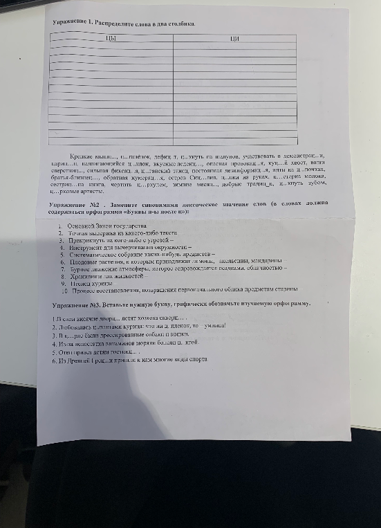 Упражнение 1. Распределите слова в два столбика. Упражнение №2. Замените синонимами лексическое значение слов. Упражнение №3. Вставьте нужную букву.
