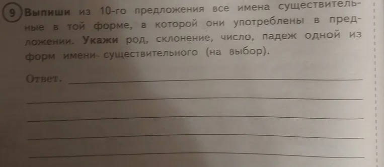 Выпиши из 10-го предложения все имена существительные в той форме, в которой они употреблены в предложении. Укажи род, склонение, число, падеж одной из форм имени существительного (на выбор).