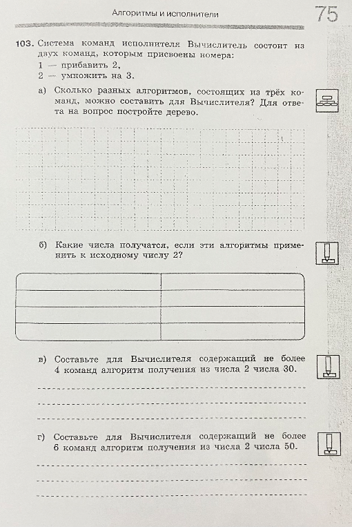 Система команд исполнителя Вычислитель состоит из двух команд: 1 — прибавить 2, 2 — умножить на 3.