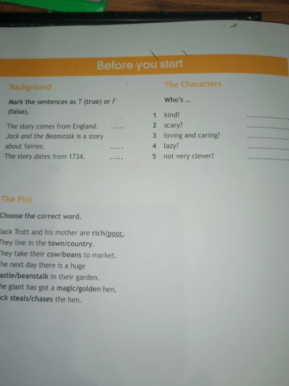 Mark the sentences as T (true) or F (false). Choose the correct word in 'The Plot' section and identify the characters.