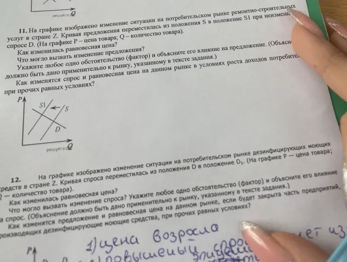 На графике изображено изменение ситуации на потребительском рынке ремонтно-строительных услуг в стране Z. Кривая предложения переместилась из положения S в положение S1 при неизменном спросе D.