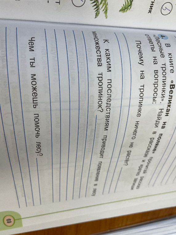 В книге «Великан на поляне» прочитай рассказ «Лесные тропинки». Найди в рассказе и кратко запиши ответы на вопросы.