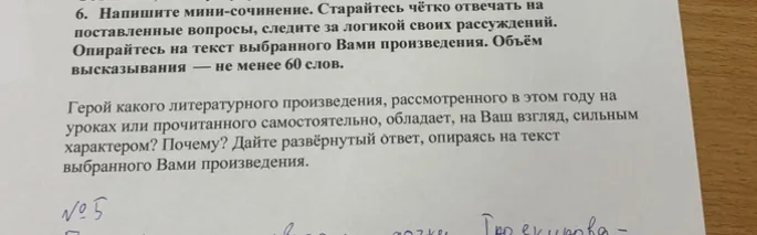 Напишите мини-сочинение. Герой какого литературного произведения, рассмотренного в этом году на уроках или прочитанного самостоятельно, обладает, на Ваш взгляд, сильным характером?