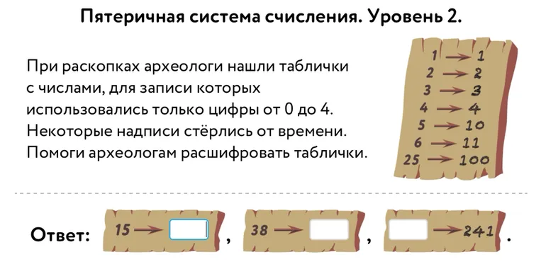 Пятеричная система счисления. Уровень 2. При раскопках археологи нашли таблички с числами, для записи которых использовались только цифры от 0 до 4. Помоги археологам расшифровать таблички.