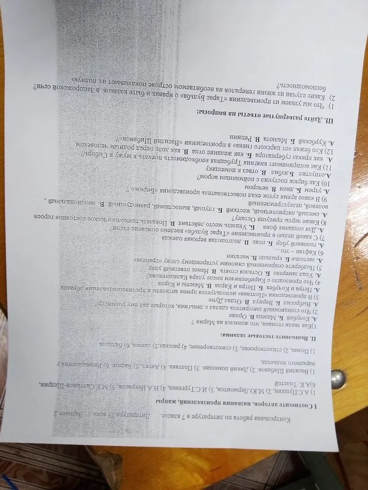 Контрольная работа по литературе в 7 классе. Литература 19 века. Вариант 2.