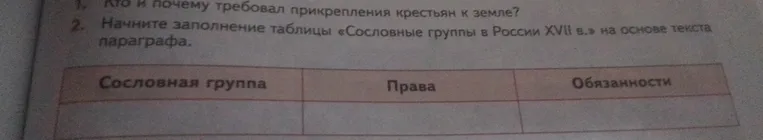 Начните заполнение таблицы «Сословные группы в России XVII в.» на основе текста параграфа.