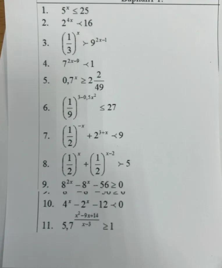 Решите показательные неравенства: 1) 5^x ≤ 25; 2) 2^(4x) < 16; 3) (1/3)^x > 9^(2x-1); 4) 7^(2x-9) < 1; 5) 0,7^x ≥ 2 2/49...