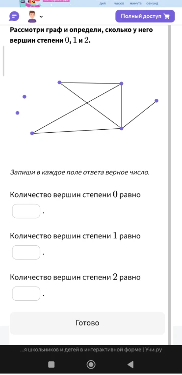 Рассмотри граф и определи, сколько у него вершин степени 0, 1 и 2.