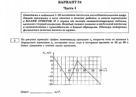 На рисунке приведён график зависимости проекции v_x скорости тела от времени t. Определите проекцию a_x ускорения этого тела в интервале времени от 20 до 30 с.