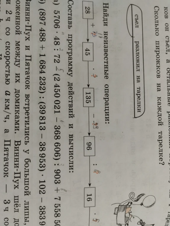 Найди неизвестные операции: 28 -> 45 -> 135 -> 96 -> 16