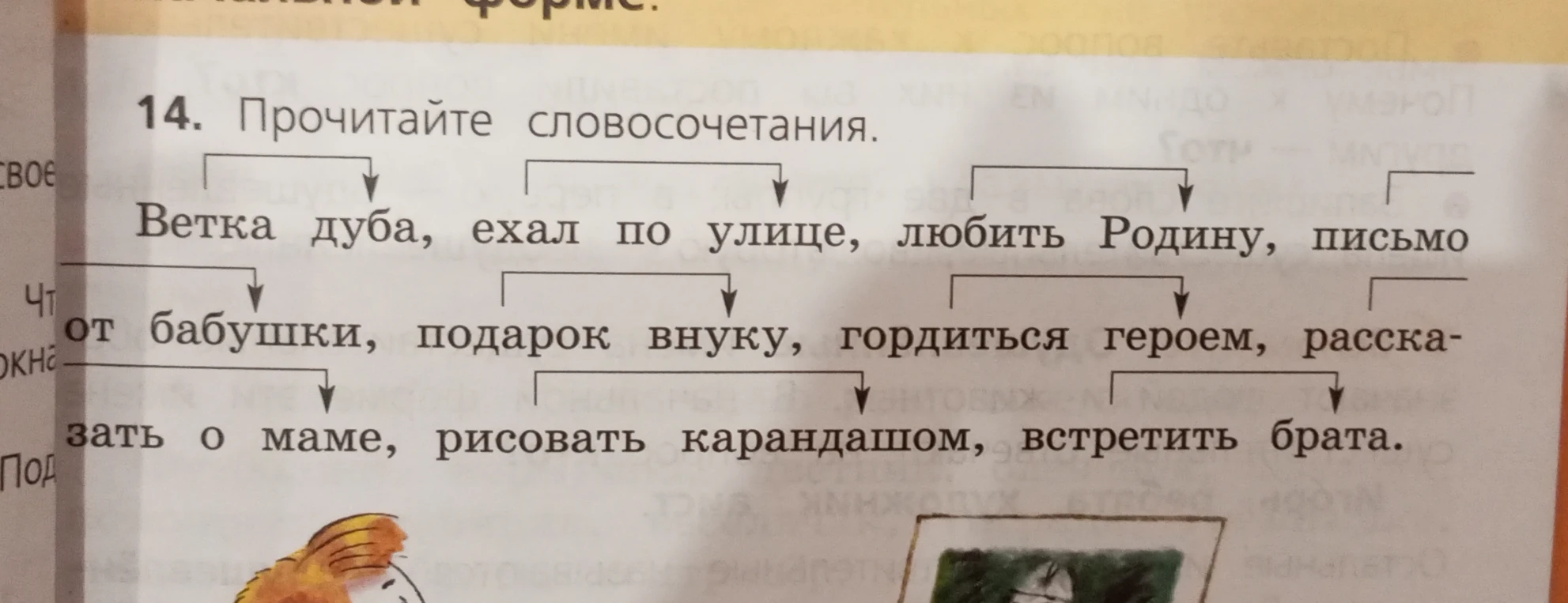 Прочитайте словосочетания. Ветка дуба, ехал по улице, любить Родину, письмо от бабушки, подарок внуку, гордиться героем, рассказать о маме, рисовать карандашом, встретить брата.