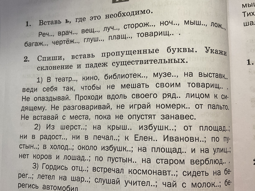 1. Вставь ь, где это необходимо. Реч.., врач.., вещ.., луч.., сторож.., ноч.., мыш.., лож.., багаж.., чертёж.., глуш.., плащ.., товарищ.. .