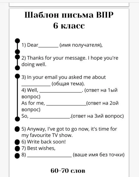 Заполните шаблон письма ВПР для 6 класса (60-70 слов)