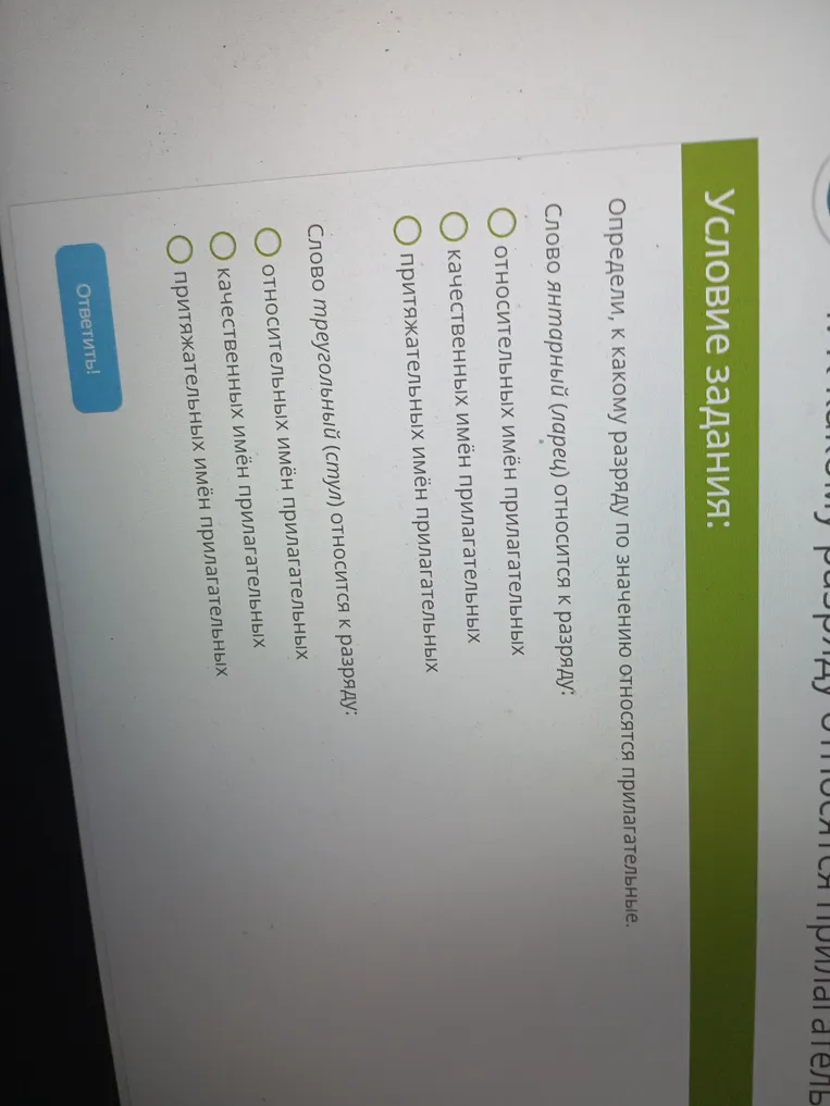 Определи, к какому разряду по значению относятся прилагательные янтарный и треугольный.